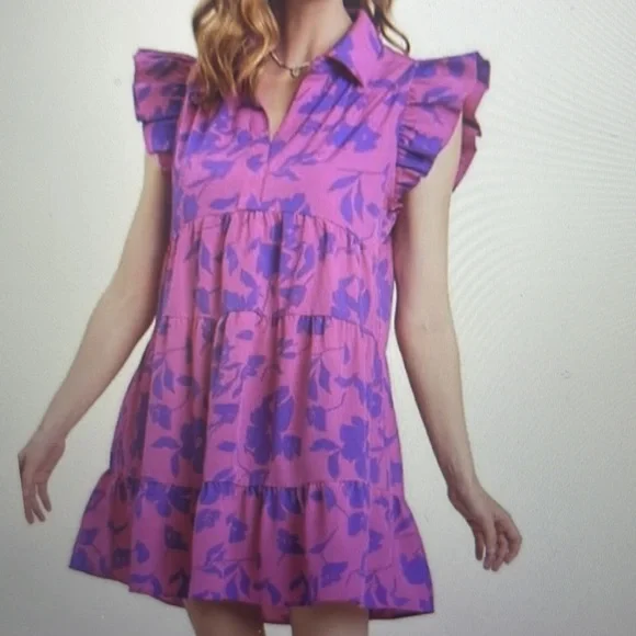 Umgee Floral print Dress New Collared purple magenta Tiered - Picture 2 of 7